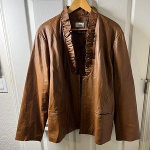 Neiman Marcus Genuine Leather Jacket with Ruffle Collar, size 2x